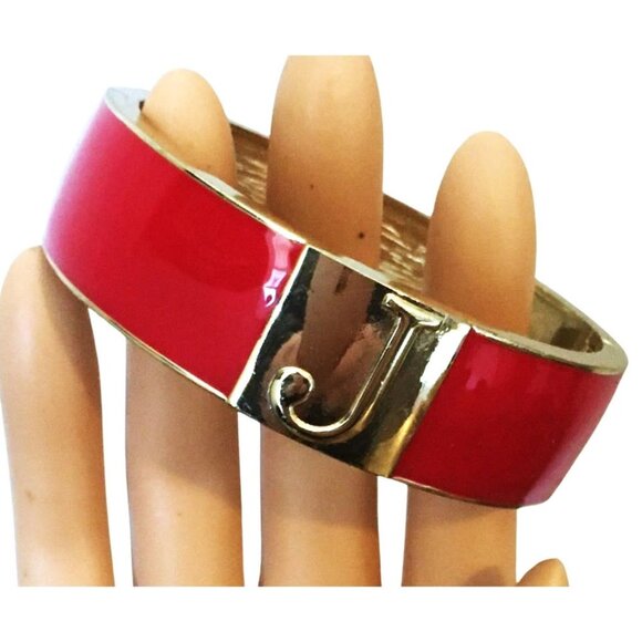 Unbranded Jewelry - Red Enamel Clamp Bangle Bracelet with Gold Tone Metal, Letter J Initial